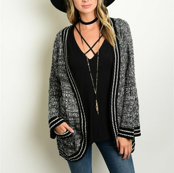 Boutique Sweaters - Black & White Bell Sleeve Open Front Cardigan